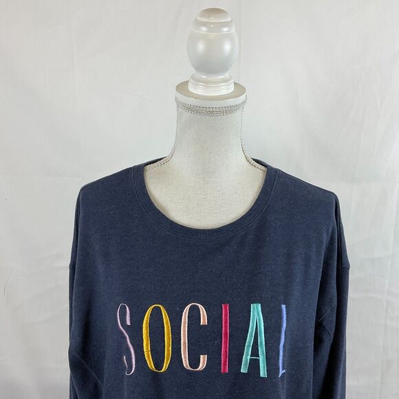 Wildfox Sweatshirt Top Navy Blue XL Multi-Color Embroidered Lettering Social - Picture 3 of 12